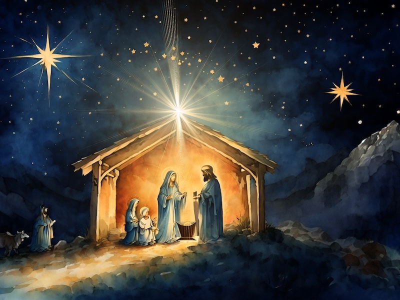 nativity scene. dark background with stars. lit manger scene with mary, joseph, young shepherds. cow off to the side.