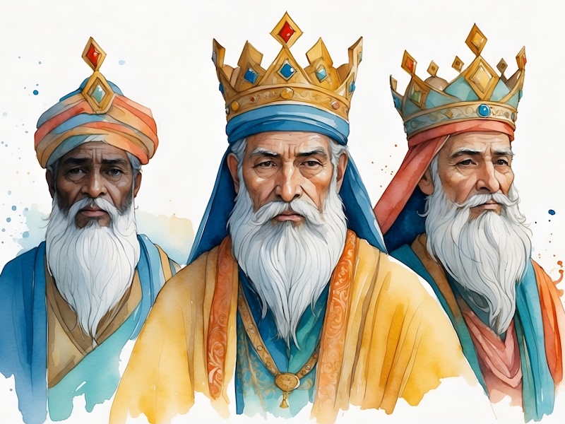 The three kings of Matthew, chapter 2, in a painterly style. Lots of colour, including a few paint-looking splashes around them. They look a bit stern. But decent and honest. You'd want these guys on your side.