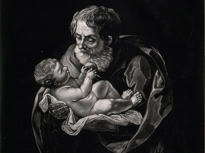 a black and white print of Simeon holding the baby Jesus.