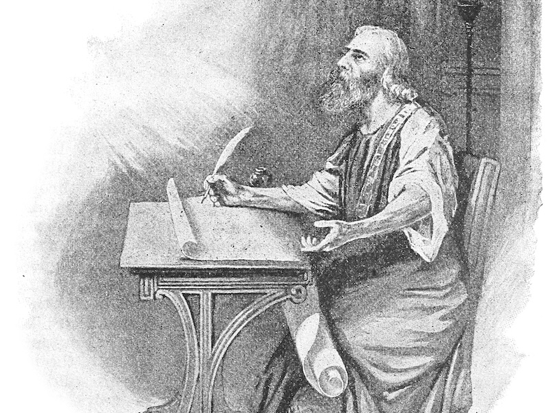 The prophet Isaiah sitting at a desk writing the words of God. A light shines before him. Black and white line drawing.